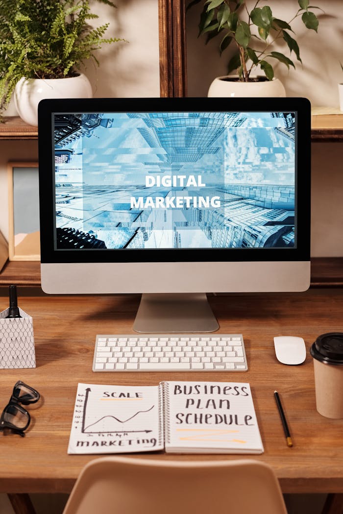 about-01 Contemporary office setup featuring digital marketing strategy on a computer screen, ideal for business technology themes.